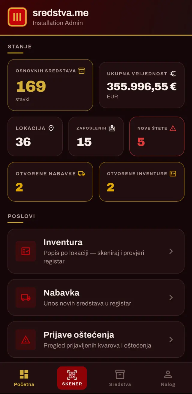 Početni ekran aplikacije sa stanjem registra i spiskom poslova: inventura, nabavka i prijave oštećenja.