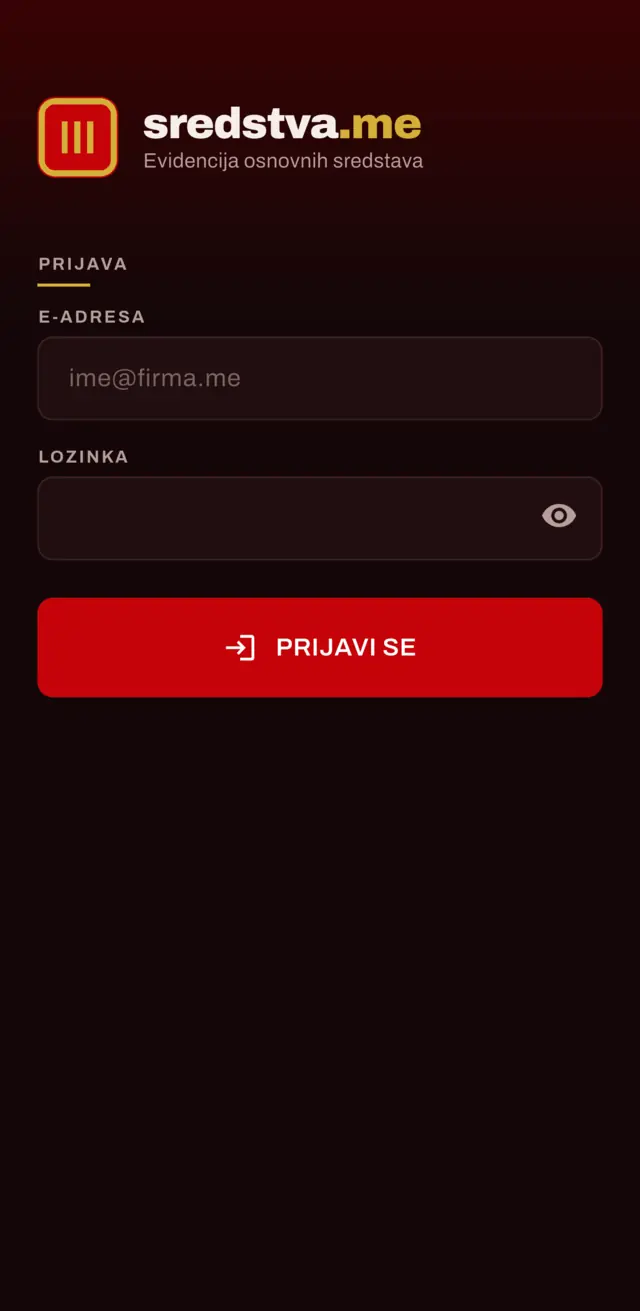 Ekran za prijavu u mobilnoj aplikaciji sredstva.me, sa poljima za e-adresu i lozinku.